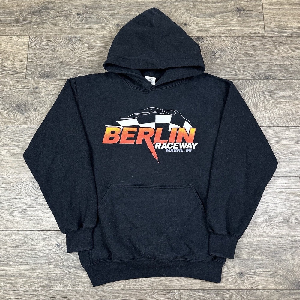 Vintage Berlin Raceway Sweatshirt Adult Small Black Hoodie Auto Racing Michigan